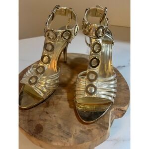 Catwalk Gold Metallic T-Strap Grommet Stiletto Sandals Women's Size 38 8 4" Heel